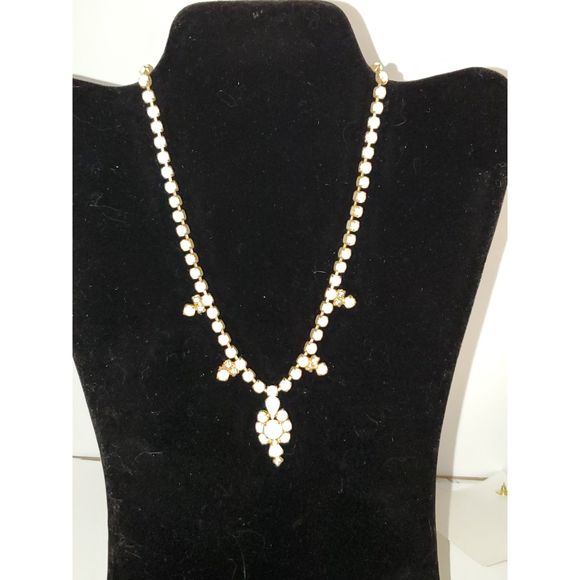 A Costume Jewelry Necklace Vintage Milk Glass Rhinestones Gold Tone Choker As-Is - Picture 1 of 12